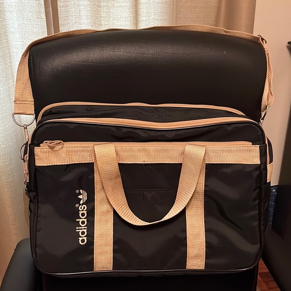 Vintage Adidas Travel Messenger Carry On Bag Black Tan 3 Compartment - Picture 1 of 14
